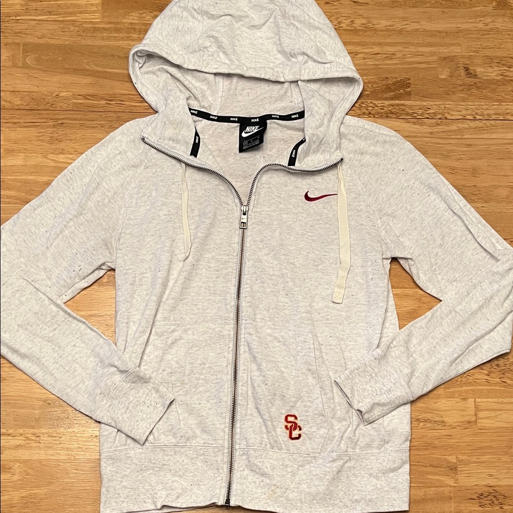 Nike Women's Light Gray Hoodie with Red Details